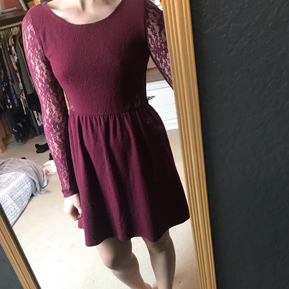 Maroon dress with lace accents